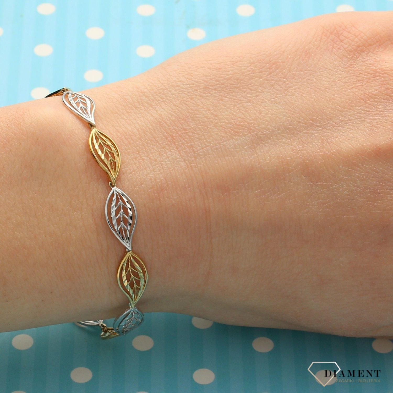 Złota Bransoletka Listki. Białe i żółte złoto. Złote Bransoletki Damskie w Sklepie z Biżuterią zegarki-diament.pl to idealny pomysł na prezent dla kobiety (3).jpg